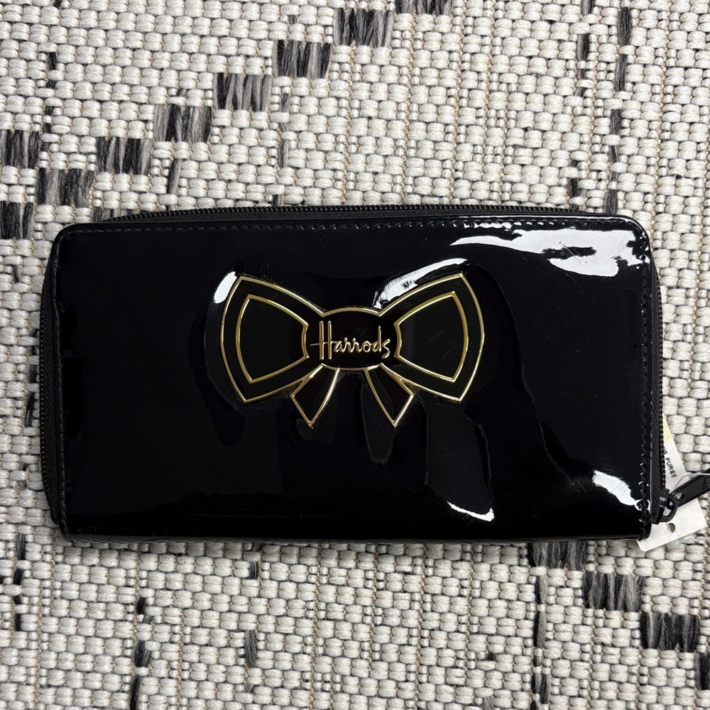 Harrods Black Patent Wallet with Gold Bow